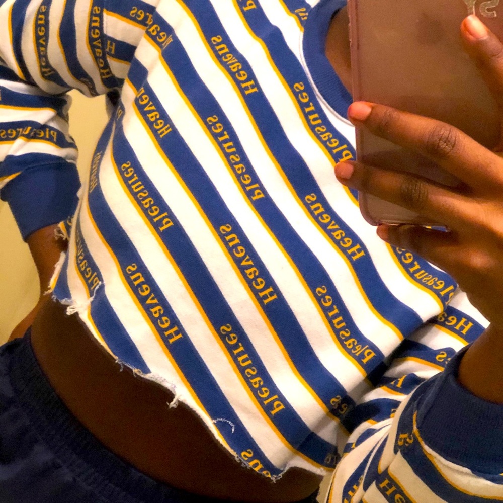 Blue, white, and yellow crop top shirt.